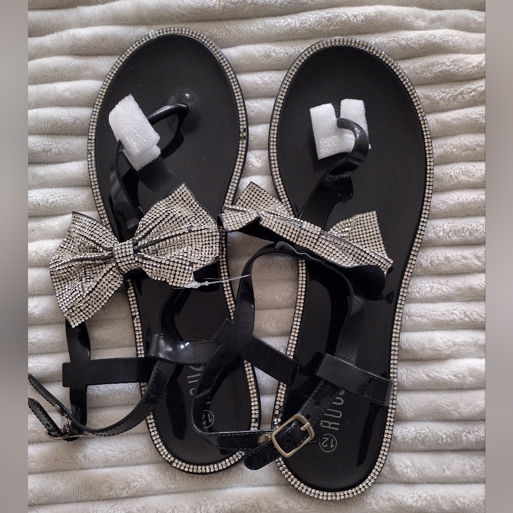 Black Jeweled Bow Jelly Sandals